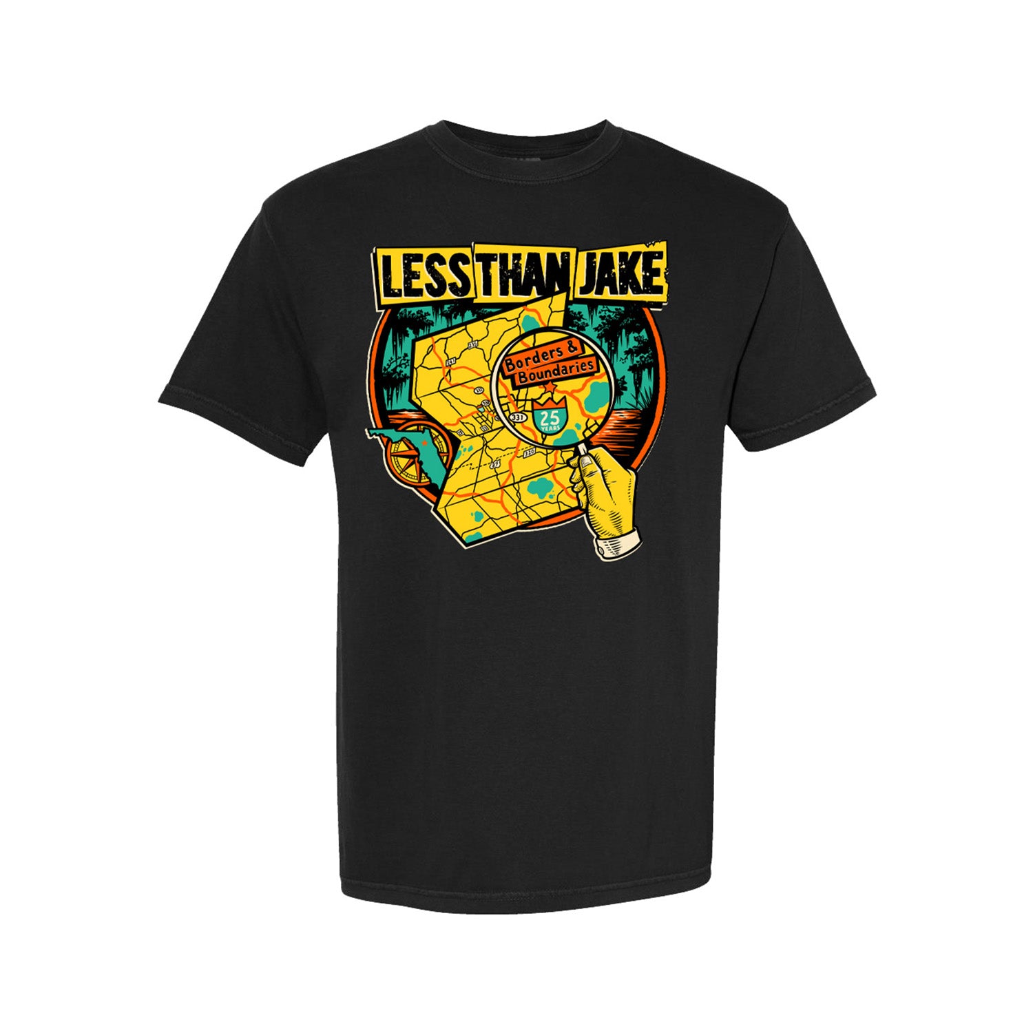 This Less Than Jake t-shirt features a vibrant map graphic, a gloved hand pointing, “LESS THAN JAKE” text at the top, and a circular Borders & Boundaries label—perfect for fans.