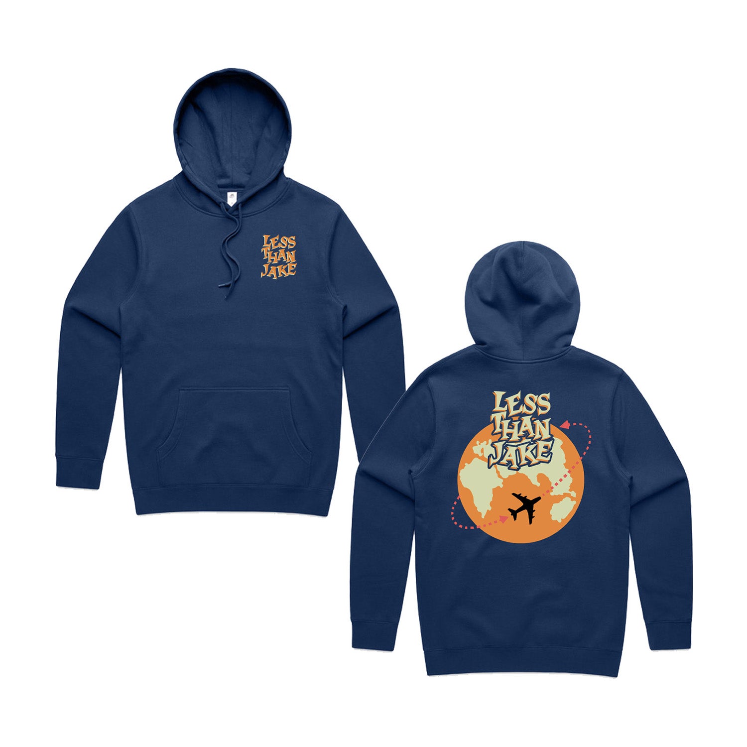 Navy blue pullover hoodie by Less Than Jake featuring their logo on the front left chest and a large back graphic with a globe, airplane, and "Less Than Jake" in bold letters.