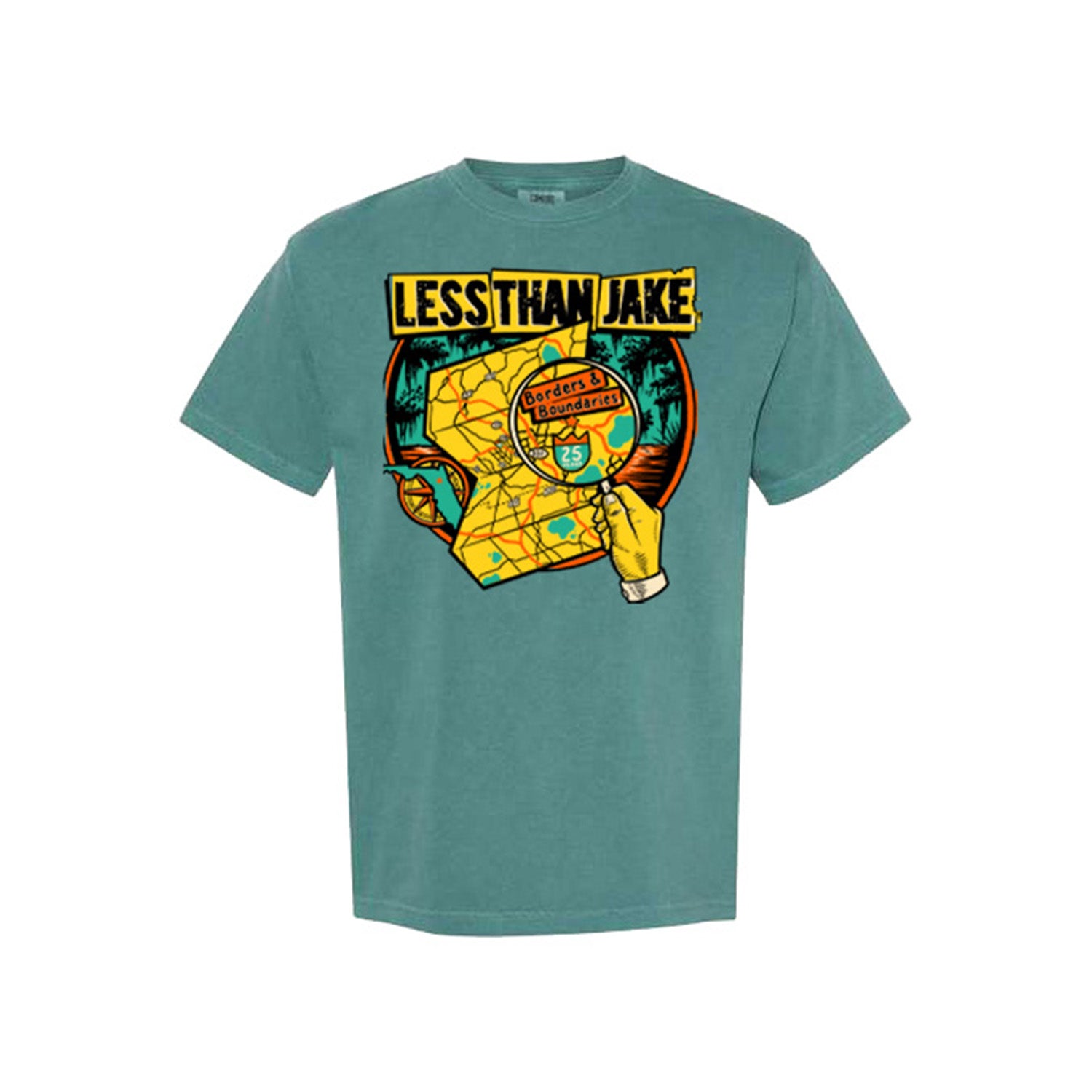 This teal Comfort Colors t-shirt by Less Than Jake displays vibrant artwork of a hand with a map, highway sign, and city names, topped with bold black Less Than Jake text.