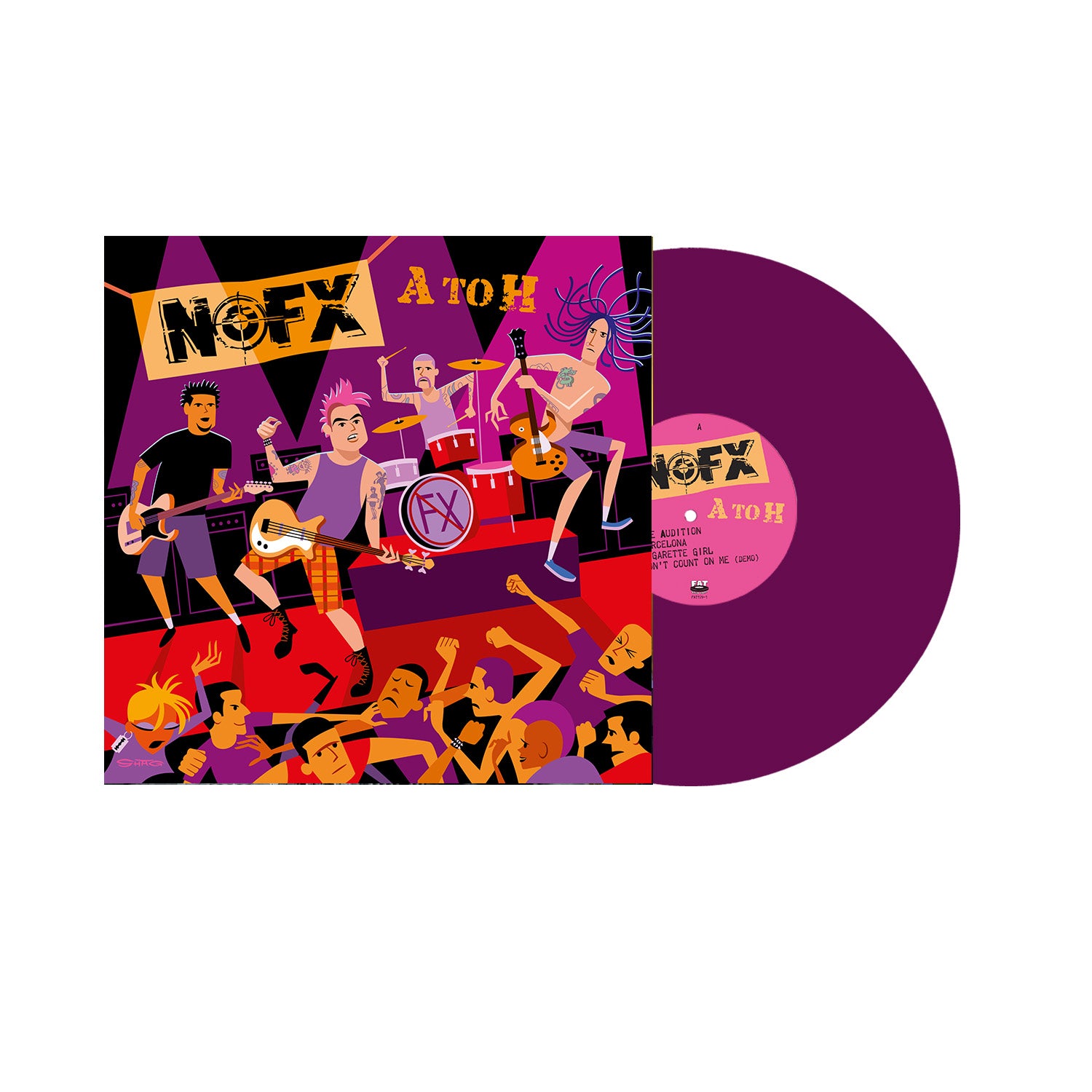 Illustration of a limited edition purple NOFX vinyl record and cover featuring a cartoon punk band performing with crowd surfing fans. The album title "A TOH" is displayed, marking this vibrant NOFX collectible release.