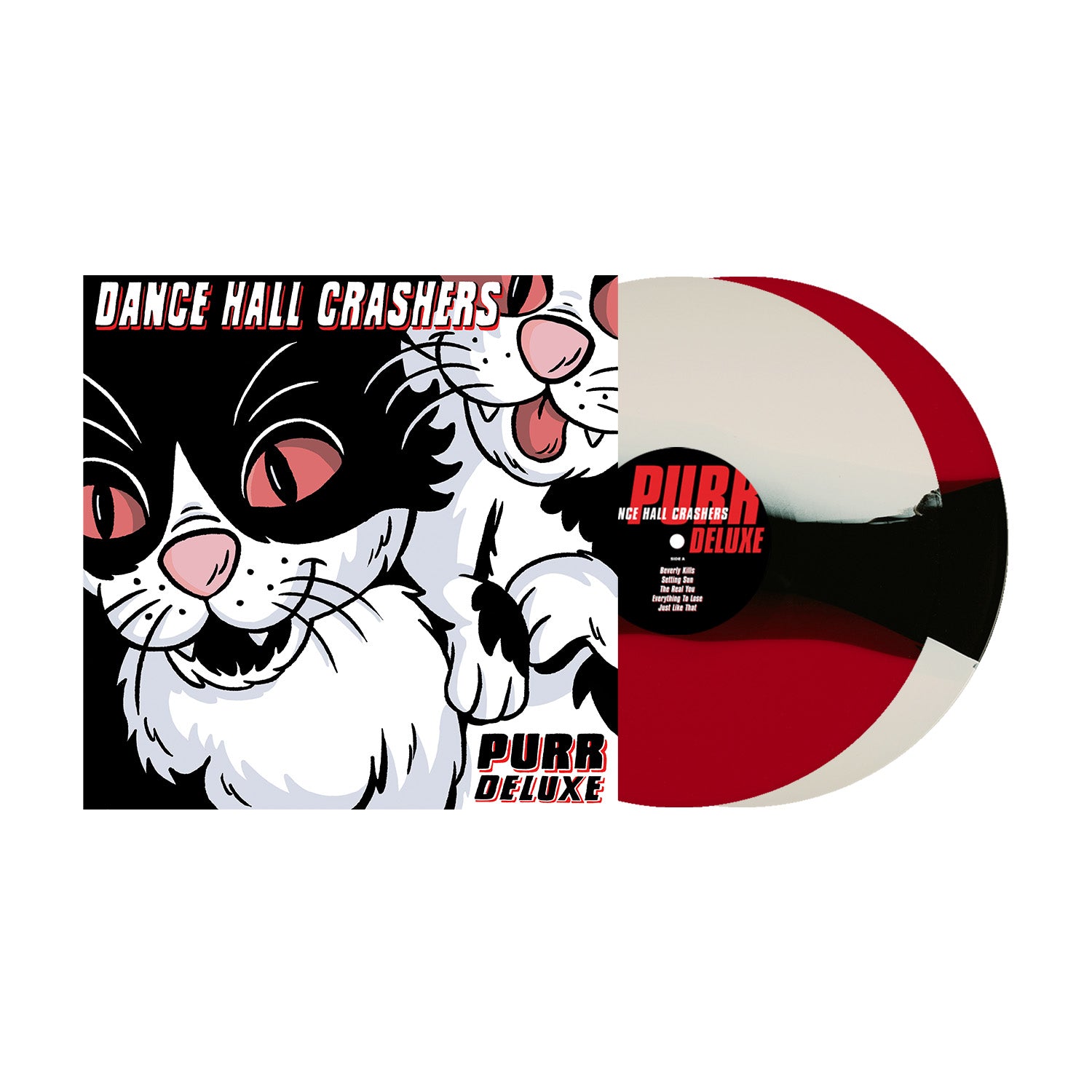 Limited edition 2XLP Dance Hall Crashers Purr Deluxe vinyl record featuring cat-themed album art and a red, white, and black split-color disc.