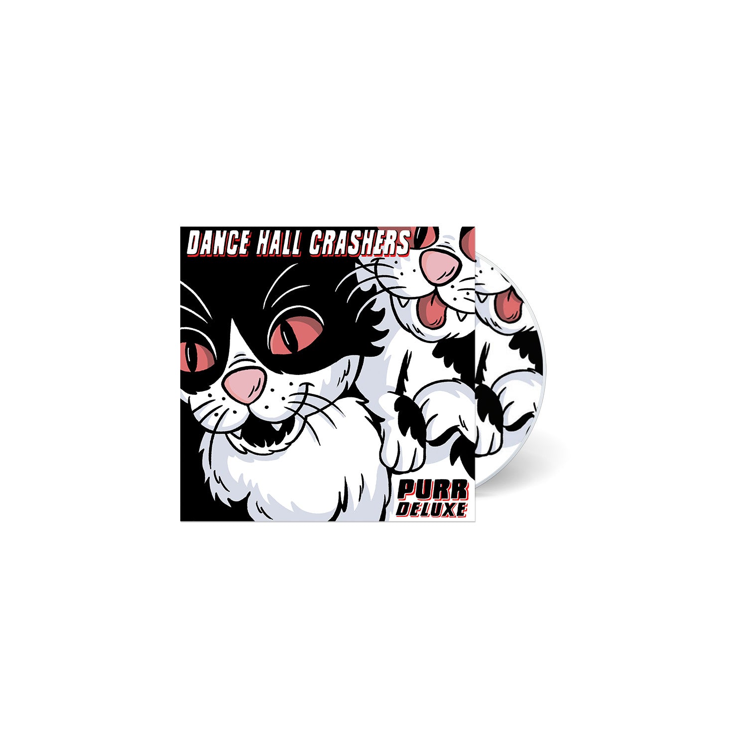 Album cover for the remastered album Purr Deluxe by Dance Hall Crashers, featuring an illustration of a black-and-white cat with wide eyes.