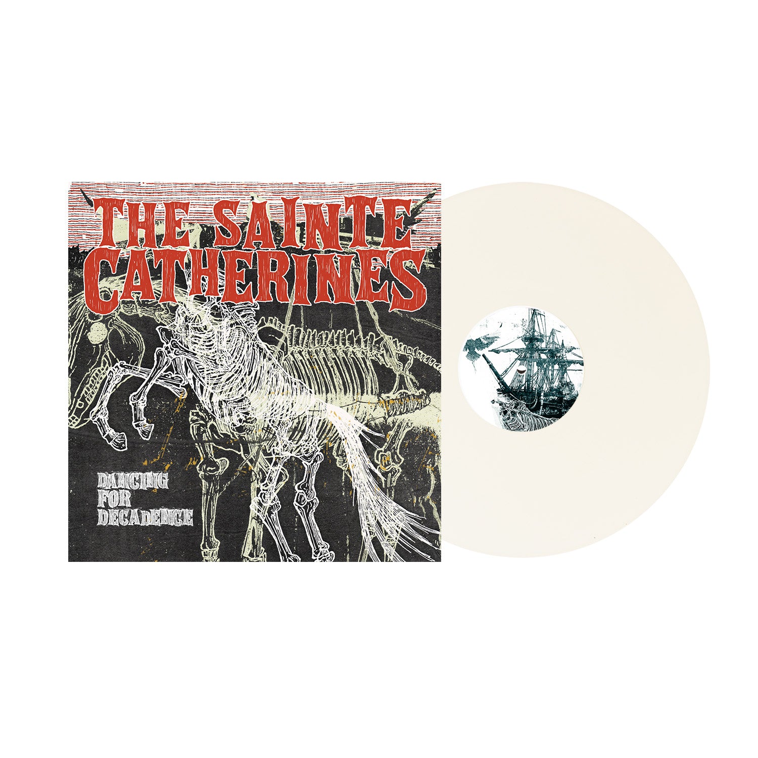 A cream-colored vinyl record sits next to its cover, which features skeletal horse art and bold red and white text: The Sainte Catherines, Dancing for Decadence, and Sevilla Midnight. Brand: The Sainte Catherines.