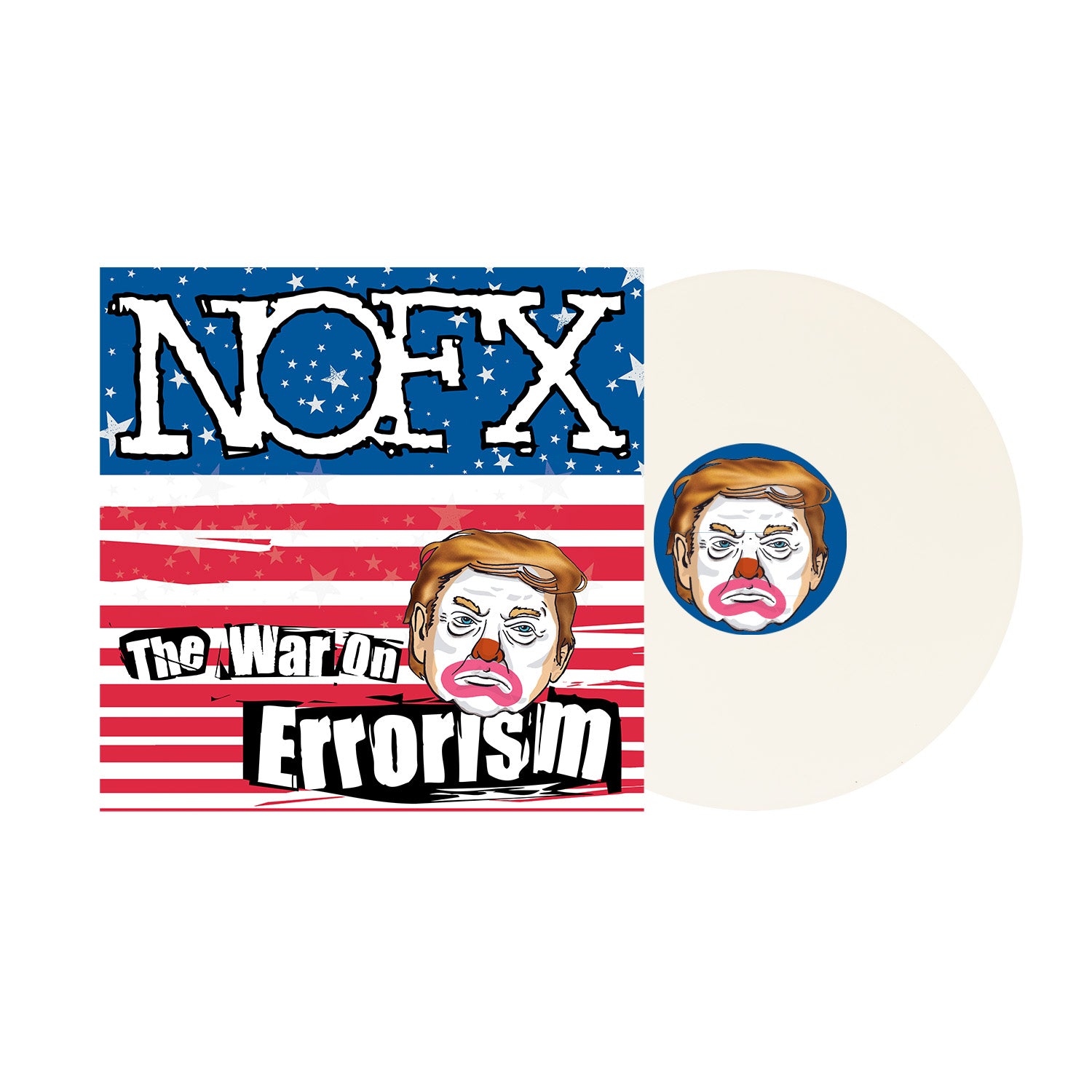 Album cover for NOFX’s The War on Errorism features a cartoon frown with Trump-like hair, a U.S. flag backdrop, and a punk vinyl—white record partially visible on the right.